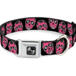 Dog Bone Seatbelt Buckle Collar - Sugar Skulls Black/White/Fuchsia