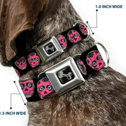 Dog Bone Seatbelt Buckle Collar - Sugar Skulls Black/White/Fuchsia