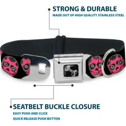 Dog Bone Seatbelt Buckle Collar - Sugar Skulls Black/White/Fuchsia