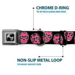Dog Bone Seatbelt Buckle Collar - Sugar Skulls Black/White/Fuchsia