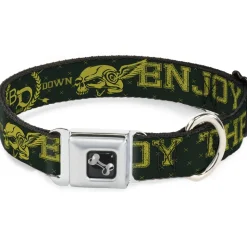 Dog Bone Seatbelt Buckle Collar - BD Winged Skull ENJOY THE RIDE Olive/Lime Green