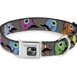 Dog Bone Seatbelt Buckle Collar - Cute Dinosaurs w/Mustaches Gray