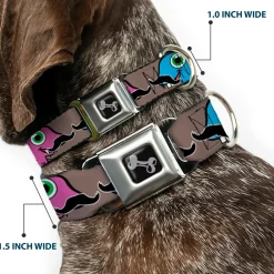 Dog Bone Seatbelt Buckle Collar - Cute Dinosaurs w/Mustaches Gray