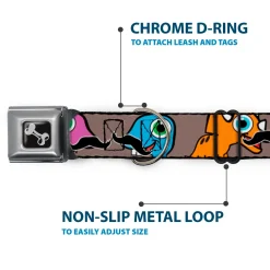 Dog Bone Seatbelt Buckle Collar - Cute Dinosaurs w/Mustaches Gray