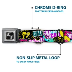 Dog Bone Seatbelt Buckle Collar - Cali Bear/CALI Graffiti/Pot Leaves Black/Multi Color