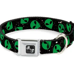 Dog Bone Seatbelt Buckle Collar - Aliens Head Scattered Galaxy2/Green/Black