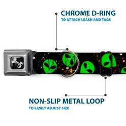 Dog Bone Seatbelt Buckle Collar - Aliens Head Scattered Galaxy2/Green/Black