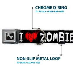 Dog Bone Seatbelt Buckle Collar - I "Heart" ZOMBIES Bloody Splatter Black/White/Red