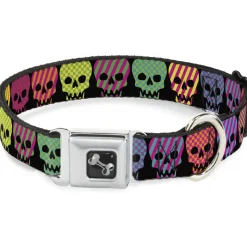 Dog Bone Seatbelt Buckle Collar - Checker & Stripe Skulls Black/Multi Neon