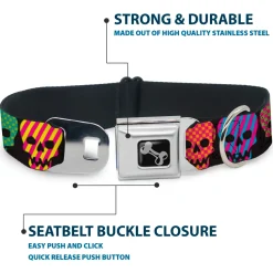 Dog Bone Seatbelt Buckle Collar - Checker & Stripe Skulls Black/Multi Neon