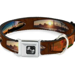 Dog Bone Seatbelt Buckle Collar - Surfboard Cali Scenes/US Flag Brown