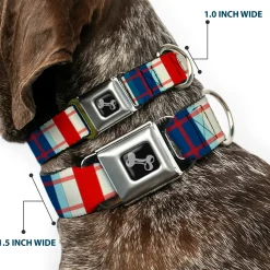 Dog Bone Seatbelt Buckle Collar - Tartan Plaid Khaki/Blues/Red