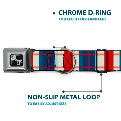Dog Bone Seatbelt Buckle Collar - Tartan Plaid Khaki/Blues/Red