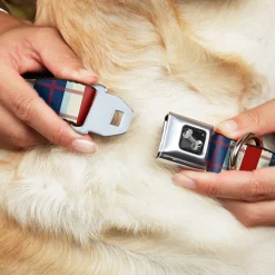 Dog Bone Seatbelt Buckle Collar - Tartan Plaid Khaki/Blues/Red