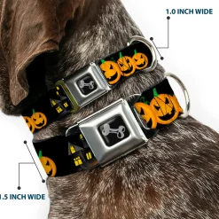 Dog Bone Seatbelt Buckle Collar - Jack-o'-Lanterns/Haunted House Black/Yellow