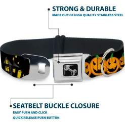 Dog Bone Seatbelt Buckle Collar - Jack-o'-Lanterns/Haunted House Black/Yellow
