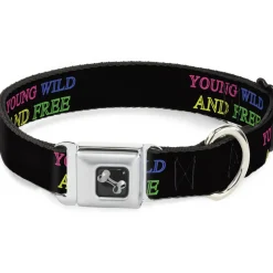 Dog Bone Seatbelt Buckle Collar - YOUNG WILD AND FREE Outline Black/Multi Neon