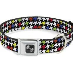 Dog Bone Seatbelt Buckle Collar - Houndstooth Black/White/Multi Neon