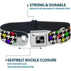 Dog Bone Seatbelt Buckle Collar - Houndstooth Black/White/Multi Neon