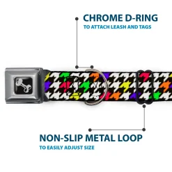 Dog Bone Seatbelt Buckle Collar - Houndstooth Black/White/Multi Neon