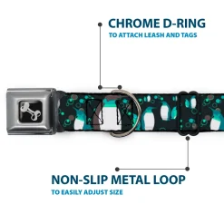 Dog Bone Seatbelt Buckle Collar - Emperor Penguins w/Bubbles Black/Gray/Turqs