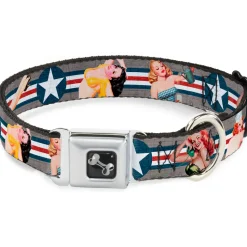 Dog Bone Seatbelt Buckle Collar - Pin Up Girl Poses CLOSE-UP Star & Stripes Gray/Blue/White/Red