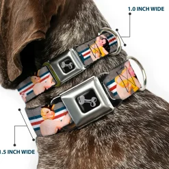 Dog Bone Seatbelt Buckle Collar - Pin Up Girl Poses CLOSE-UP Star & Stripes Gray/Blue/White/Red