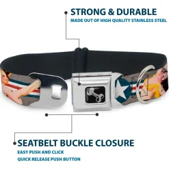 Dog Bone Seatbelt Buckle Collar - Pin Up Girl Poses CLOSE-UP Star & Stripes Gray/Blue/White/Red