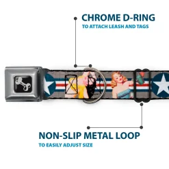 Dog Bone Seatbelt Buckle Collar - Pin Up Girl Poses CLOSE-UP Star & Stripes Gray/Blue/White/Red