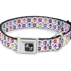 Dog Bone Seatbelt Buckle Collar - Skull & Fleur-de-Lis White/Multi Color