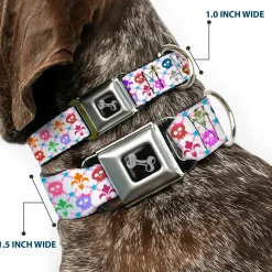 Dog Bone Seatbelt Buckle Collar - Skull & Fleur-de-Lis White/Multi Color