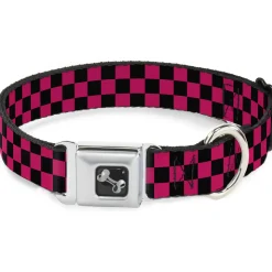 Dog Bone Seatbelt Buckle Collar - Checker Black/Neon Pink