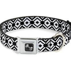 Dog Bone Seatbelt Buckle Collar - Geometric Diamond2 Black/White/Black