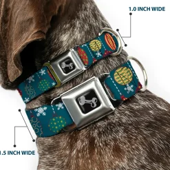 Dog Bone Seatbelt Buckle Collar - Christmas Ornaments/Snowflakes Blue/White/Multi Color