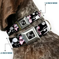 Dog Bone Seatbelt Buckle Collar - Punk Princess Heart & Cross Bones w/Splatter Black/White