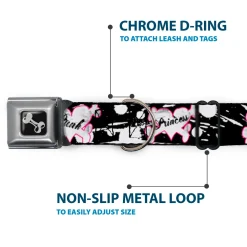 Dog Bone Seatbelt Buckle Collar - Punk Princess Heart & Cross Bones w/Splatter Black/White