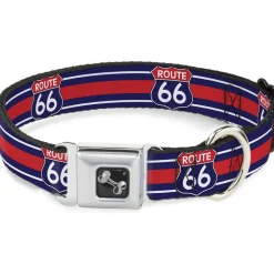 Dog Bone Seatbelt Buckle Collar - ROUTE 66 Highway Sign/Stripe Blue/White/Red