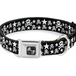 Dog Bone Seatbelt Buckle Collar - Skulls & Stars Black/White