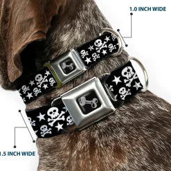 Dog Bone Seatbelt Buckle Collar - Skulls & Stars Black/White