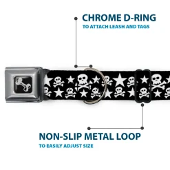 Dog Bone Seatbelt Buckle Collar - Skulls & Stars Black/White