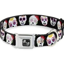 Dog Bone Seatbelt Buckle Collar - Staggered Sugar Skulls Black/Multi Color