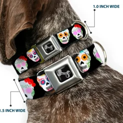 Dog Bone Seatbelt Buckle Collar - Staggered Sugar Skulls Black/Multi Color