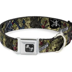 Dog Bone Seatbelt Buckle Collar - Dead Men Tell No Tales CLOSE-UP Tan