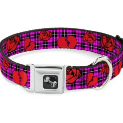 Dog Bone Seatbelt Buckle Collar - Broken Hearts & Roses w/Fuchsia Plaid