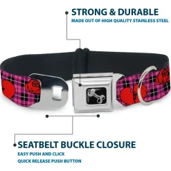 Dog Bone Seatbelt Buckle Collar - Broken Hearts & Roses w/Fuchsia Plaid