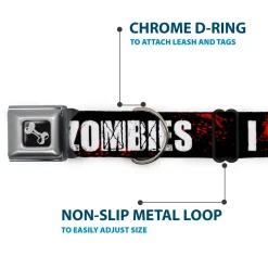 Dog Bone Seatbelt Buckle Collar - I "HEART" ZOMBIES Black/White/Red Splatter