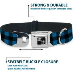 Dog Bone Seatbelt Buckle Collar - Buffalo Plaid Black/Turquoise