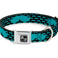 Dog Bone Seatbelt Buckle Collar - Mustaches Mini/Single Repeat Black/Turquoise