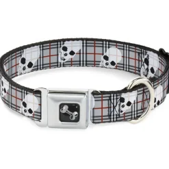 Dog Bone Seatbelt Buckle Collar - Tilted Skulls Plaid Gray