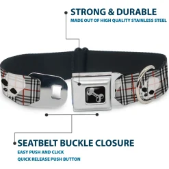 Dog Bone Seatbelt Buckle Collar - Tilted Skulls Plaid Gray